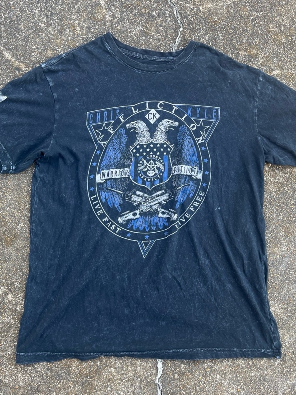 Affliction Black Tee with Blue & White Eagle Crest